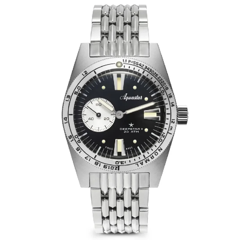 Men's Dive Watches with Adjustable Time Zone -Aquastar Deepstar 2 37mm Vintage Black Dial BOR Bracelet
