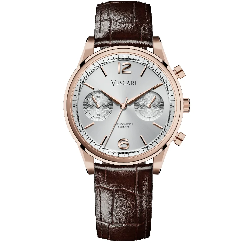 Men's Automatic Wind Dress Watches-Vescari Chestor Rosegold Blk/Brn Strap Chronograph Watch VSC-02RGB-2