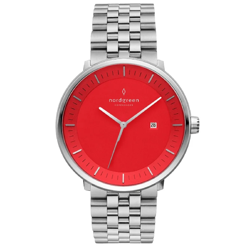 Men's Occasional Style Dress Watches-Nordgreen Philosopher 5-Link Strap 36mm Bright Red Dial Watch Men's Occasional Style Dress Watches-Nordgreen Philosopher 5-Link Strap 36mm Bright Red Dial Watch