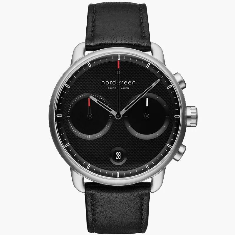 Men's Minimalist Style Dress Watches-Nordgreen Pioneer Black Leather 42mm Black Case Watch