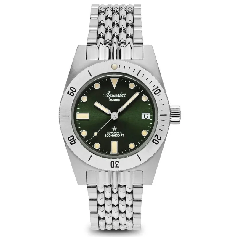 Men's Dive Watches with Large Digital Display -Aquastar Model 60 Green Dial BoR Bracelet
