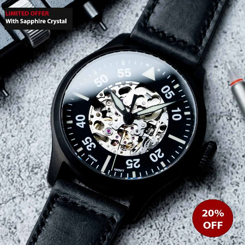 Men's Field Watches Kinetic Edition-[Advanced level] - 44mm EONIQ x DIY WATCH CLUB Black PVD Skeleton Pilot Watch | Miyota 8N24
