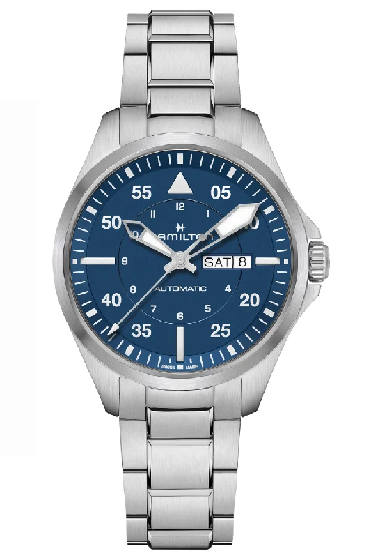 Men's Slim Dress Watches-Hamilton Khaki Aviation Pilot Day Date Auto H64635140