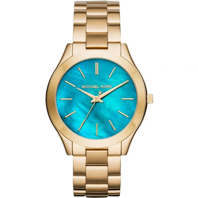 Men's Hand-Wound Style Dress Watches-Michael Kors MK3492 Ladies Slim Runway Gold Ocean Blue Watch