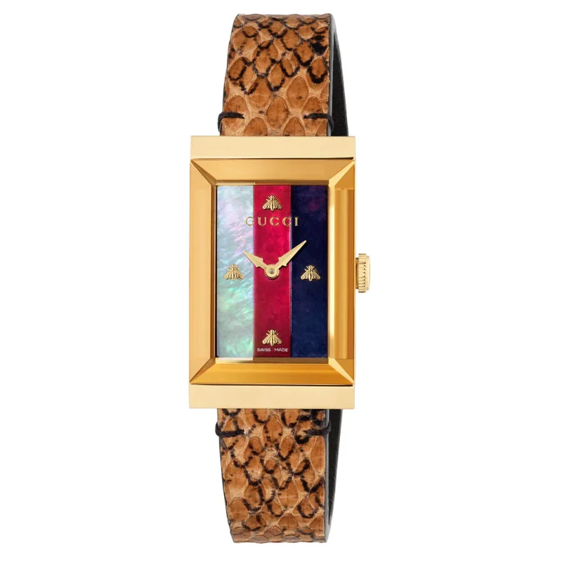 Men's Quartz Swiss Watches-Gucci Watch G-Frame Ladies 21mm Stripe Yellow Gold YA147402