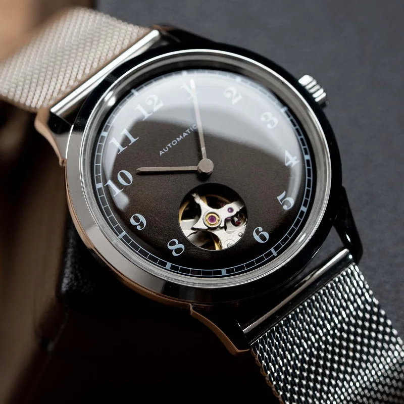 Luxury Men's Skeletonized Watches -DIY Watchmaking Kit | 38.5mm Mosel - Brunette open heart vintage dress watch w/ Miyota 82S0