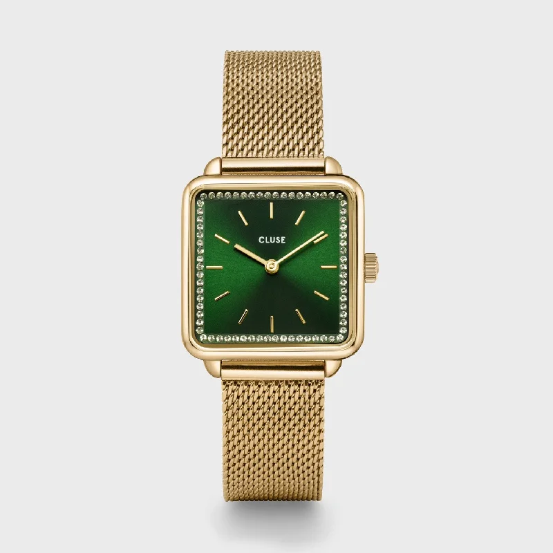 Women's Rectangular Case Design Mechanical Watches-La Tétragone Watch Mesh stones Green, Gold Colour