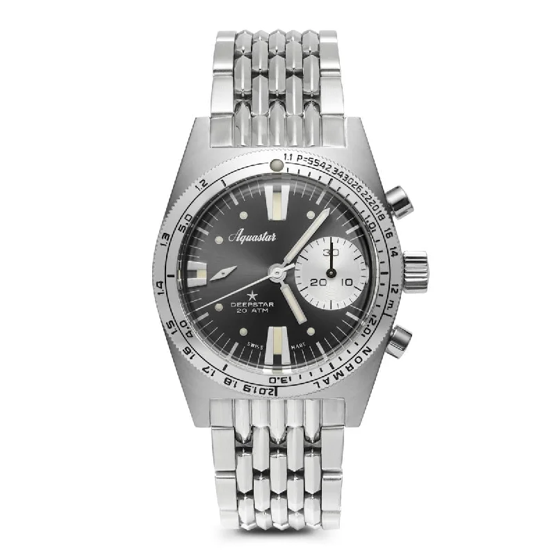 Men's Chronograph Watches with Vintage Design -Aquastar Deepstar 39mm Chronograph Steel Grey Dial BOR Bracelet