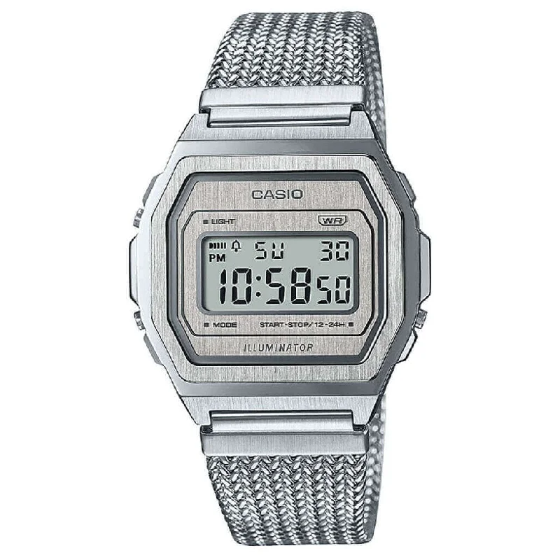 Unisex Bluetooth Connectivity Watches-Casio Vintage Unisex Silver Watch A1000MA-7EF