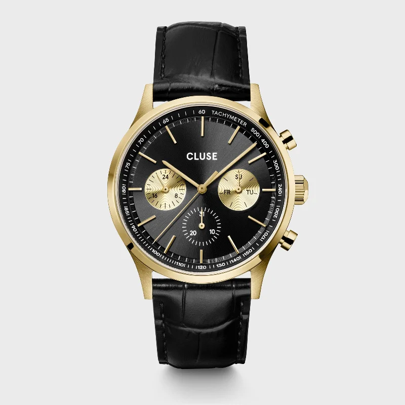 Women's Seasonal Style Mechanical Watches-Anthéor Multifunction Watch Leather, Full Black, Gold Colour Women's Seasonal Style Mechanical Watches-Anthéor Multifunction Watch Leather, Full Black, Gold Colour