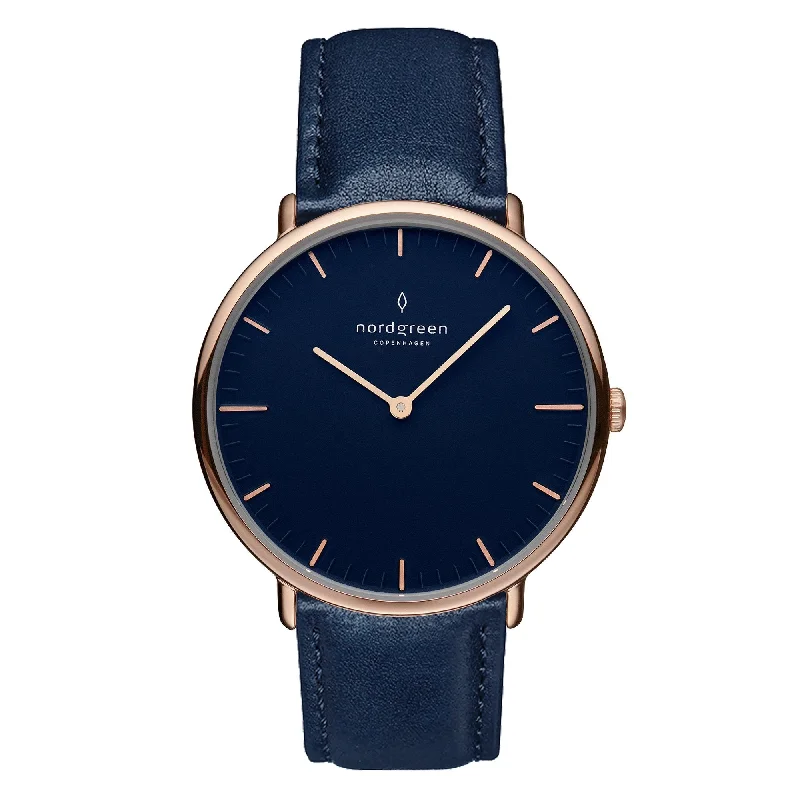 Men's Christmas Gift Design Dress Watches-Nordgreen Native Navy Leather 36mm Rose Gold Case Watch