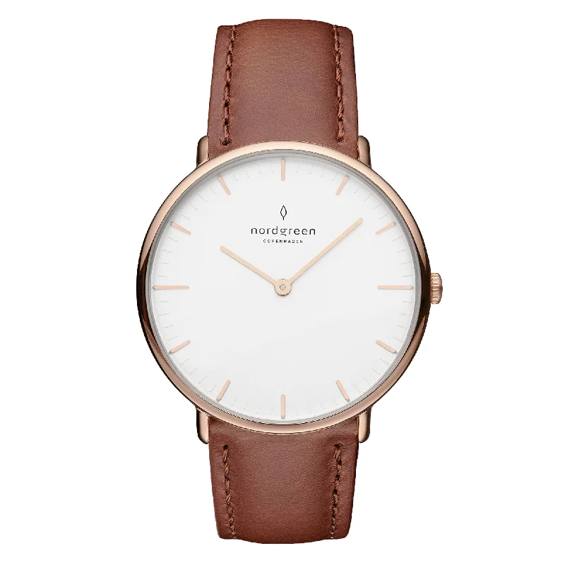 Unisex British Made Watches-Nordgreen Native Brown Leather 36mm Rose Gold Case Watch