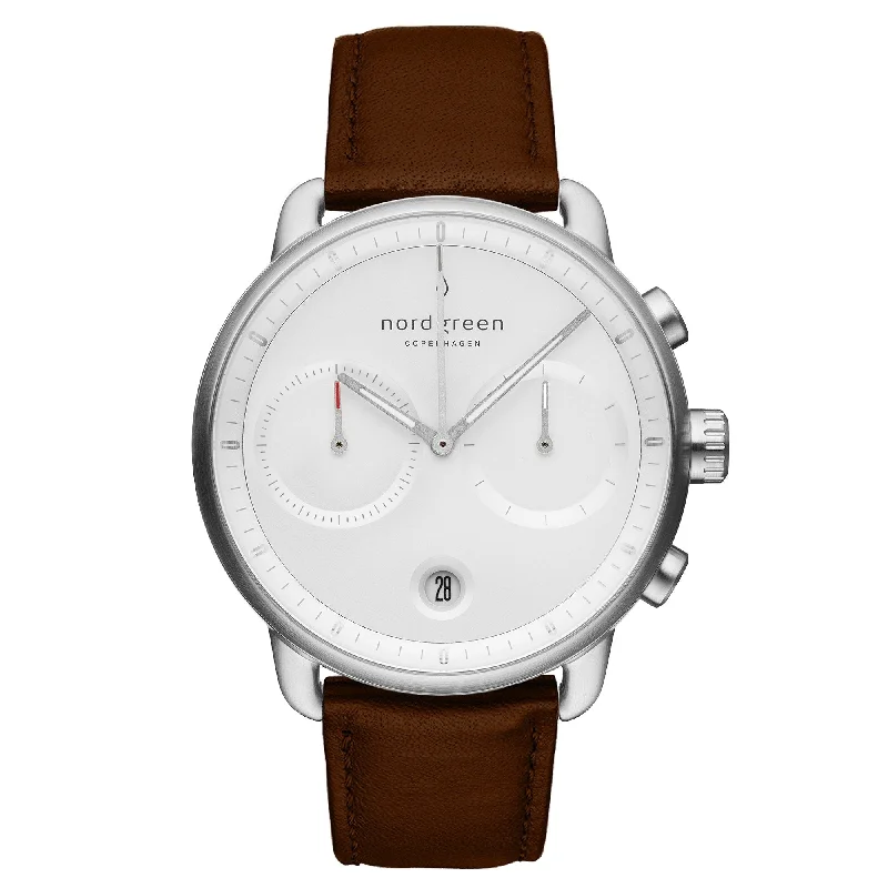 Men's Night Out Design Dress Watches-Nordgreen Pioneer Dark Brown Leather 42mm Silver Case Watch