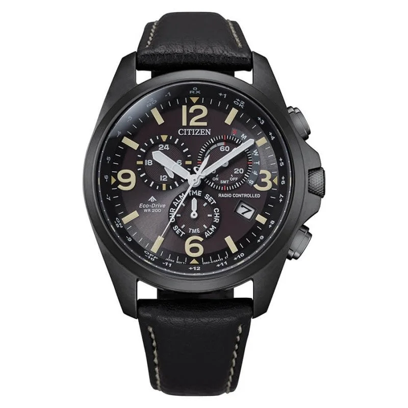Men's Radio Controlled Watch Models-Orologio Citizen Field CB5925-15E trattato IP nero Pelle