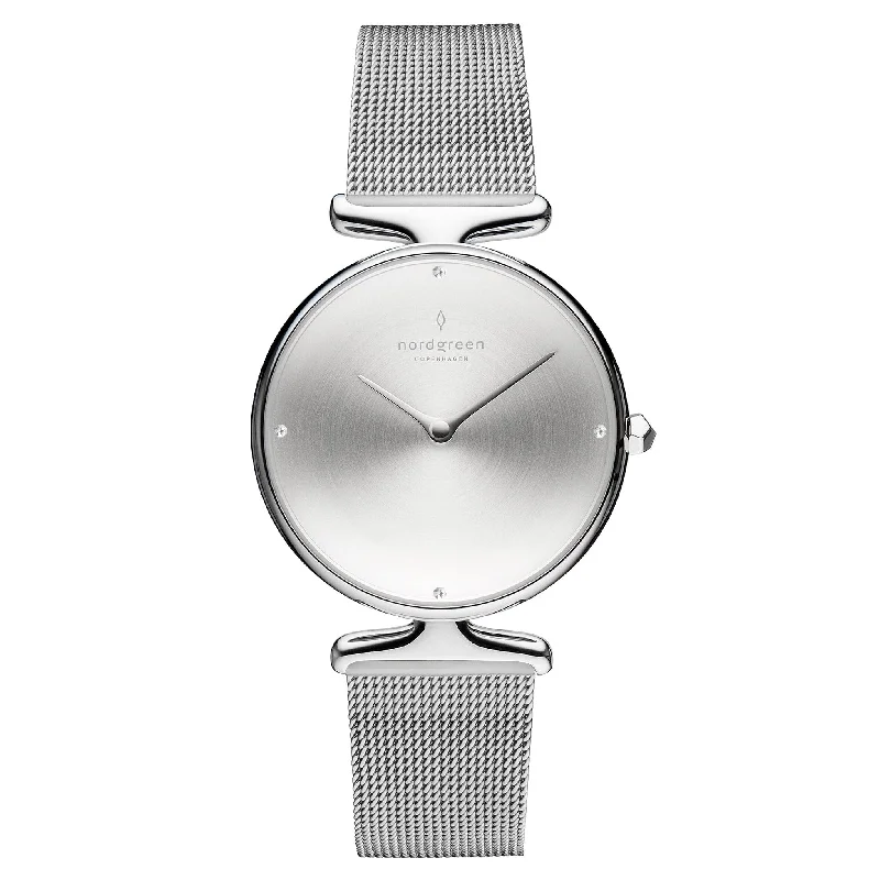 Men's Digital Style Dress Watches-Nordgreen Unika Silver Mesh 28mm Silver Case Watch