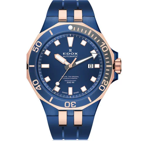 Men's Swiss Mechanical Movement Edition-Edox Automatic Watch Delfin Diver Blue Rose Gold 43mm 80110 357BURCA BUIR