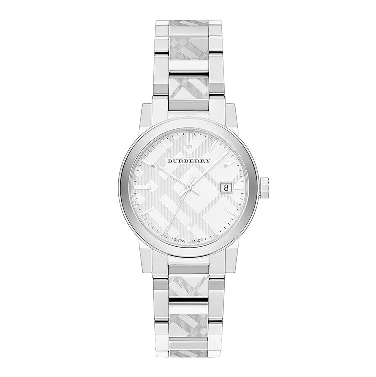 Men's Swiss Date Night Edition-Burberry The City Ladies' Silver 34mm Watch BU9144