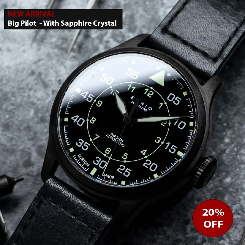 Men's Field Watches Quartz Movement Edition-[Advanced level] 44mm Black Big Pilot Watch | PVD case with C3 and BGW9 two tone luminous dial | Miyota 82S0