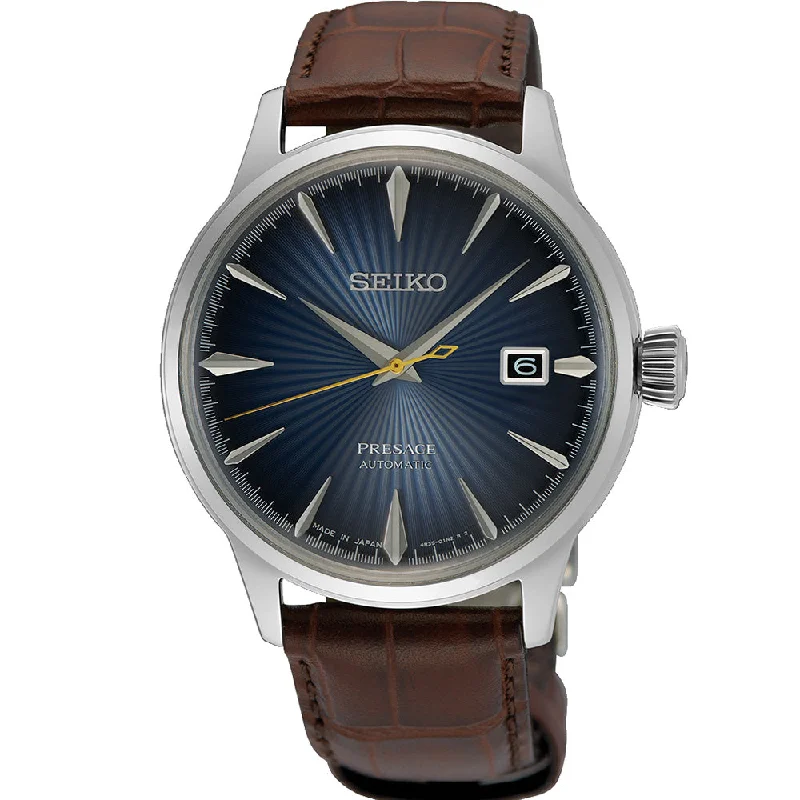Men's Rectangular Case Style Digital Watches-Seiko Presage SRPK15J 'Midnight Blue Moon' Cocktail Time