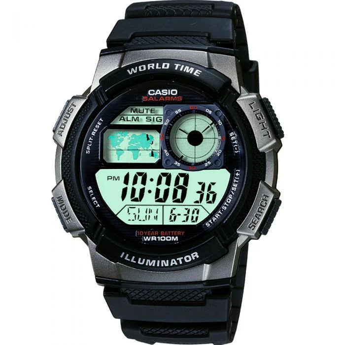 Men's Thick Case Style Digital Watches-Casio AE1000W-1B World Time Watch