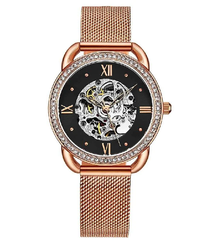 Black Dial / Rose Case / Rose Stainless Steel Bracelet Rose Gold Layered Foldover Buckle