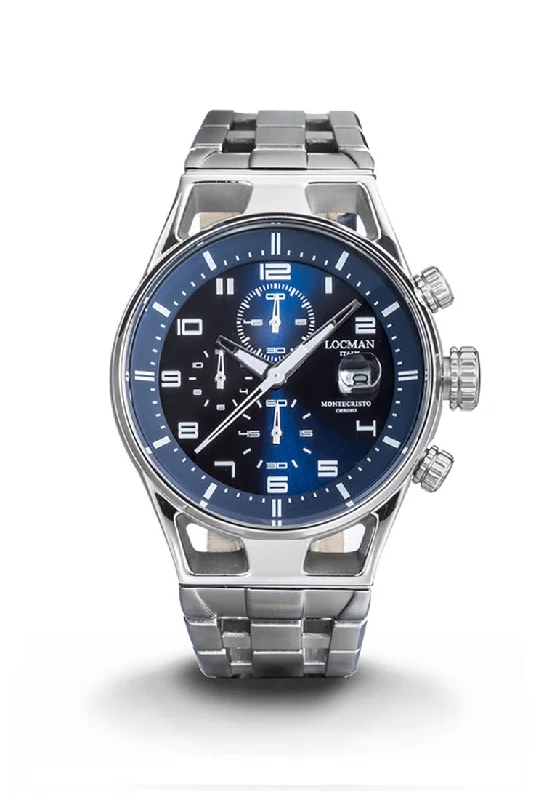 Men's European Made Style Sports Watches-Locman Montecristo Chrono 41mm blu bracciale acciaio 0542A02S-00BLWHB0