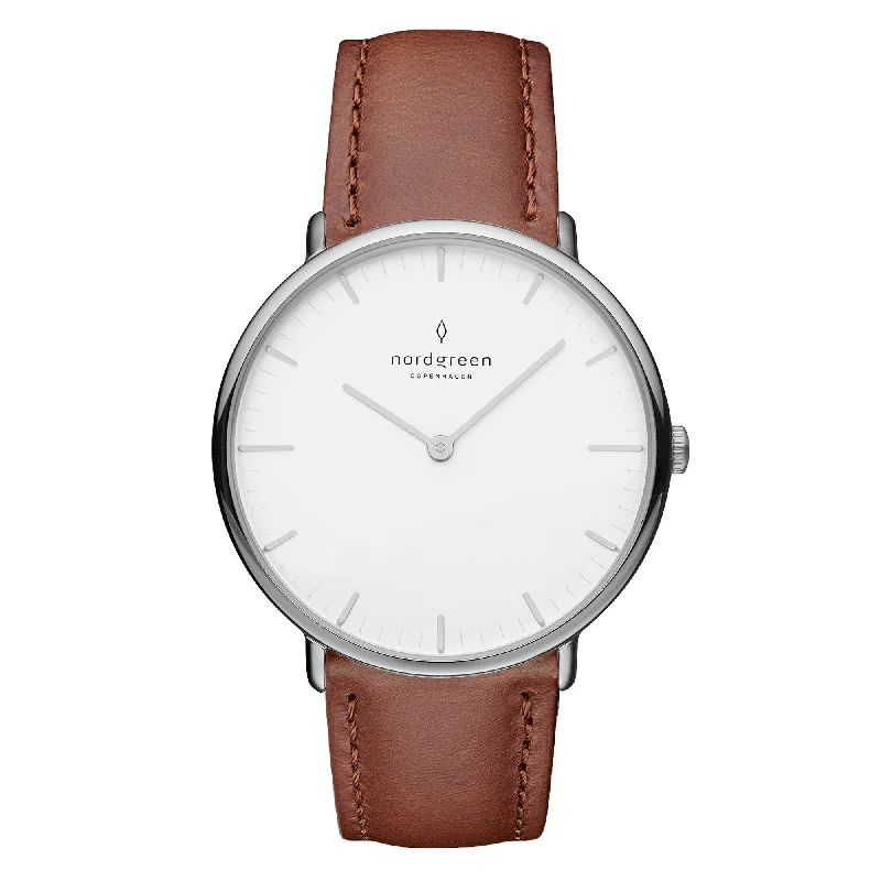 Men's Field Watches British Made Edition-Nordgreen Native Brown Leather 36mm Silver Case Watch