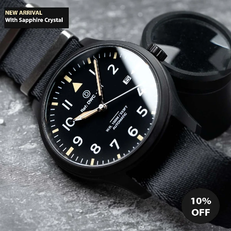 Men's Field Watches British Made Edition-LIMITED - DIY Watchmaking Kit | PVD Black 40mm Pilot Watch with date | F01 (Vintage Lume) Men's Field Watches British Made Edition-LIMITED - DIY Watchmaking Kit | PVD Black 40mm Pilot Watch with date | F01 (Vintage Lume)