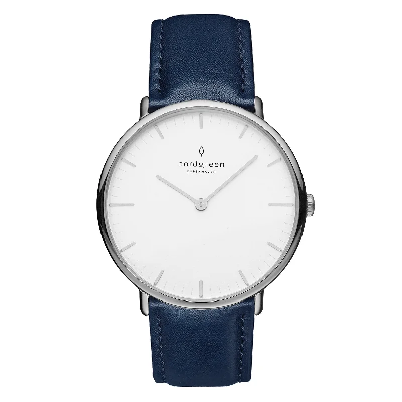 Unisex Kinetic Watches-Nordgreen Native Navy Leather 32mm Silver Case Watch