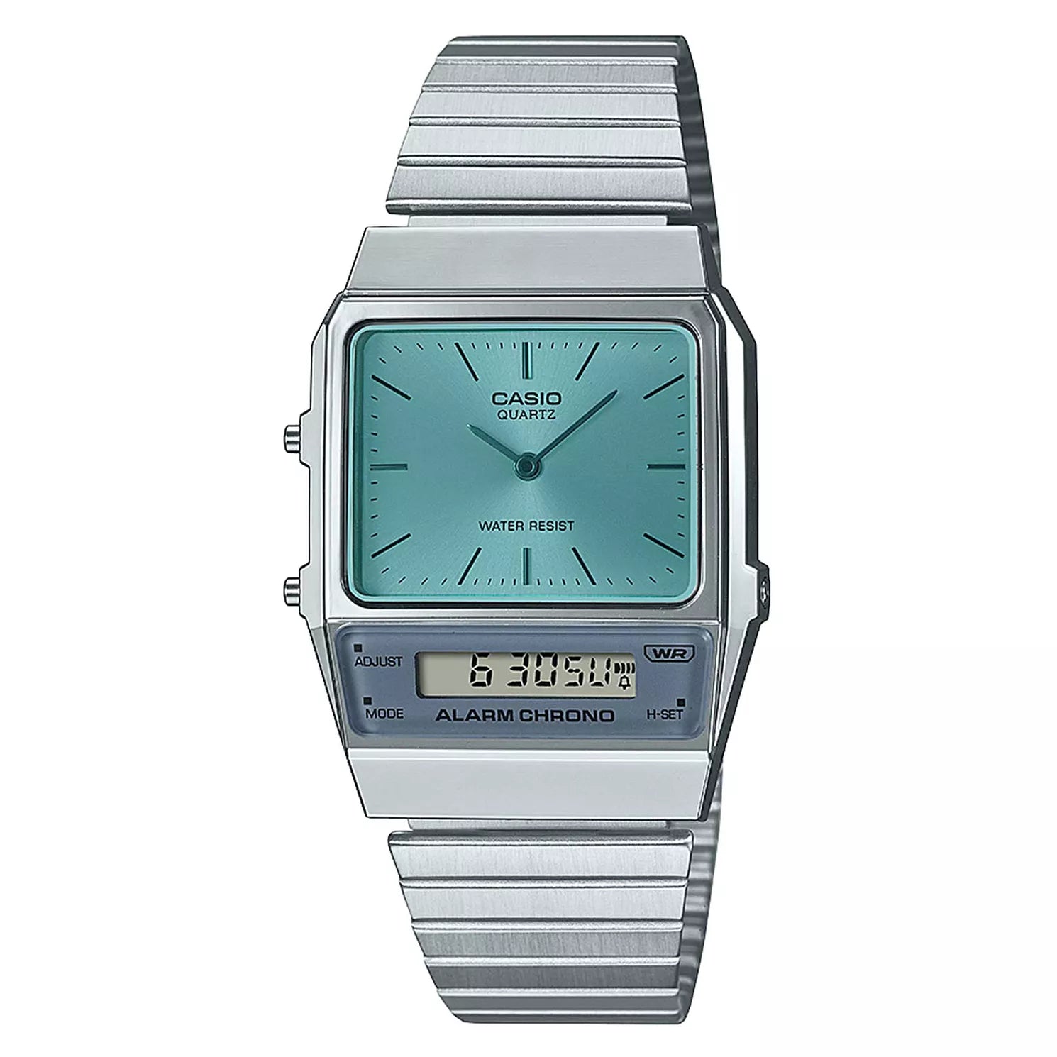 Unisex Thin Case Watches-Casio Watch Vintage Blue Dual Time Steel Flat Link AQ-800EC-2ADF