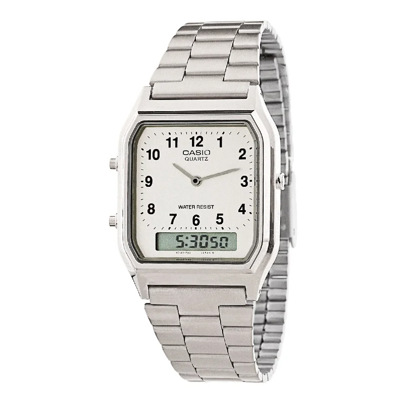 Unisex Eco-Drive Watches-Casio Watch Vintage Retro Dual Time Roman Steel AQ-230A-7BMQ