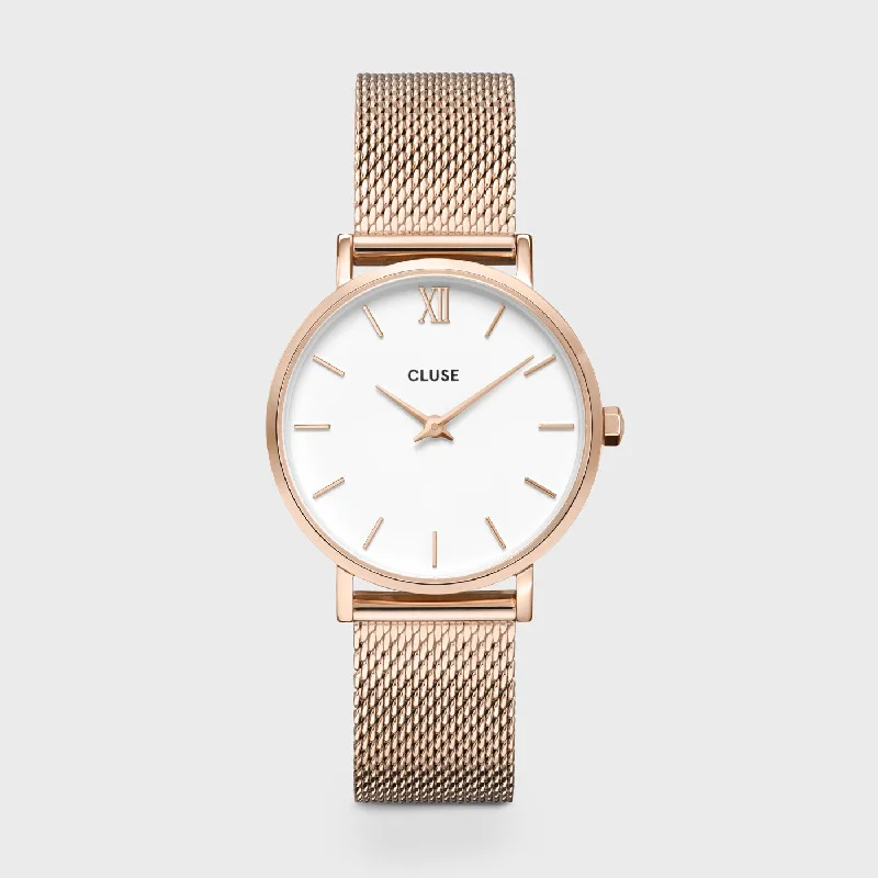 Women's Engagement Style Mechanical Watches-Minuit Watch Mesh, White, Rose Gold Colour