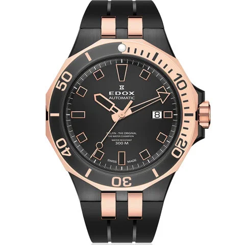 Men's Swiss Automatic Wind Edition-Edox Automatic Watch Delfin Diver Black Rose Gold 43mm 80110357NRCA