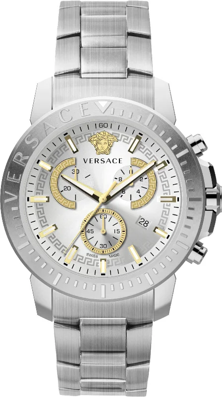 Men's Swiss Anniversary Edition-Versace Men's Watch New Chrono 45mm Silver Bracelet VE2E00321