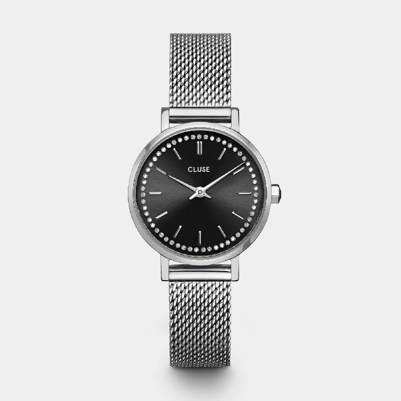 Women's Round Case Style Mechanical Watches-Boho Chic Petite Watch Mesh Crystals, Black, Silver Colour Women's Round Case Style Mechanical Watches-Boho Chic Petite Watch Mesh Crystals, Black, Silver Colour