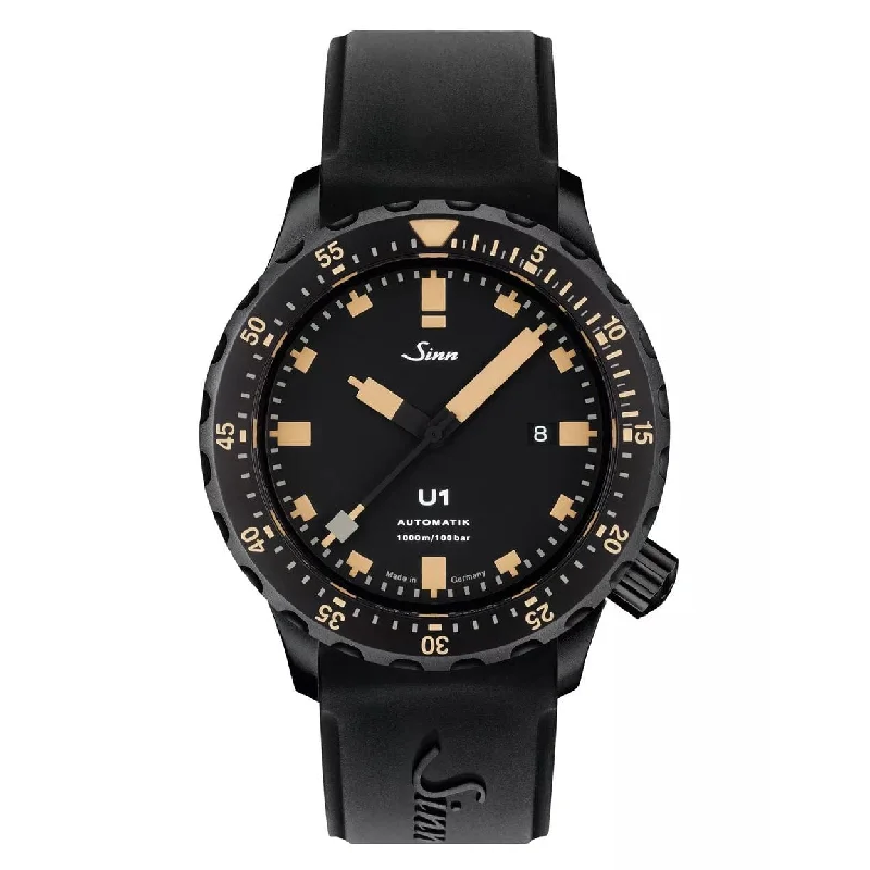 Men's Dive Watches with Advanced Depth Gauge -Sinn U1 S E Black Divers Watch - Black Dial - Silicone Strap