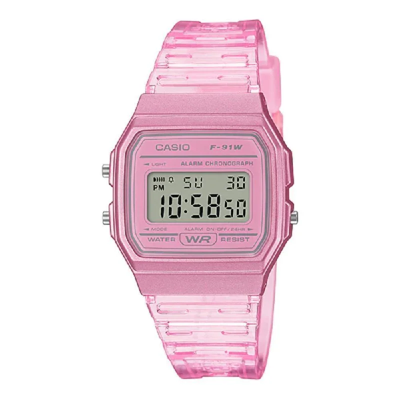 Unisex Cushion Case Watches-Casio POP Series F-91WS-4DF Unisex Pink Digital Watch