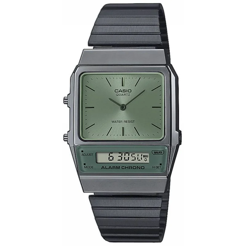 Men's Tonneau Case Digital Watches-Casio Watch Vintage IP Grey Dual Time Steel Green Dial AQ-800ECGG-3ADF