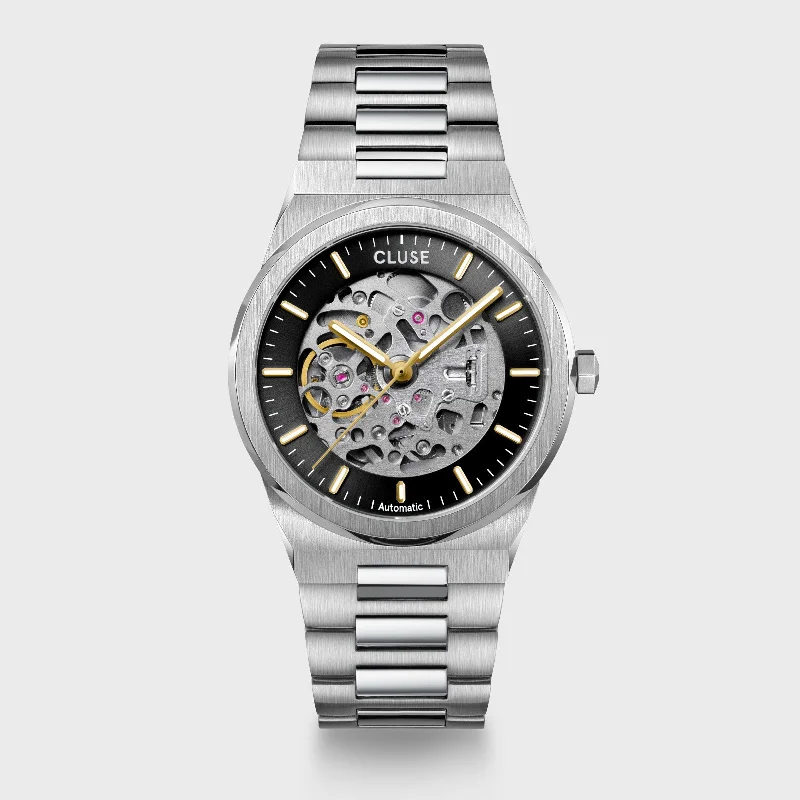 Women's British Made Design Mechanical Watches-Vigoureux Automatic Watch Steel, Black, Silver Colour Women's British Made Design Mechanical Watches-Vigoureux Automatic Watch Steel, Black, Silver Colour