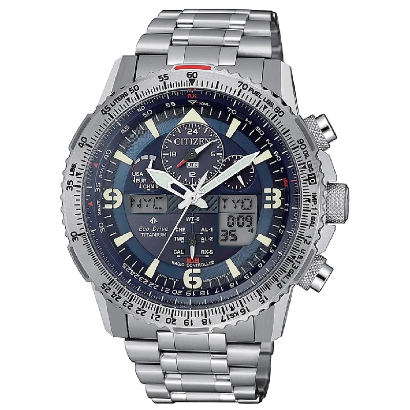 Men's Radio Controlled Watch Retailer-Orologio Citizen JY8100-80L Pilot Skyhawk Blu Super Titanium