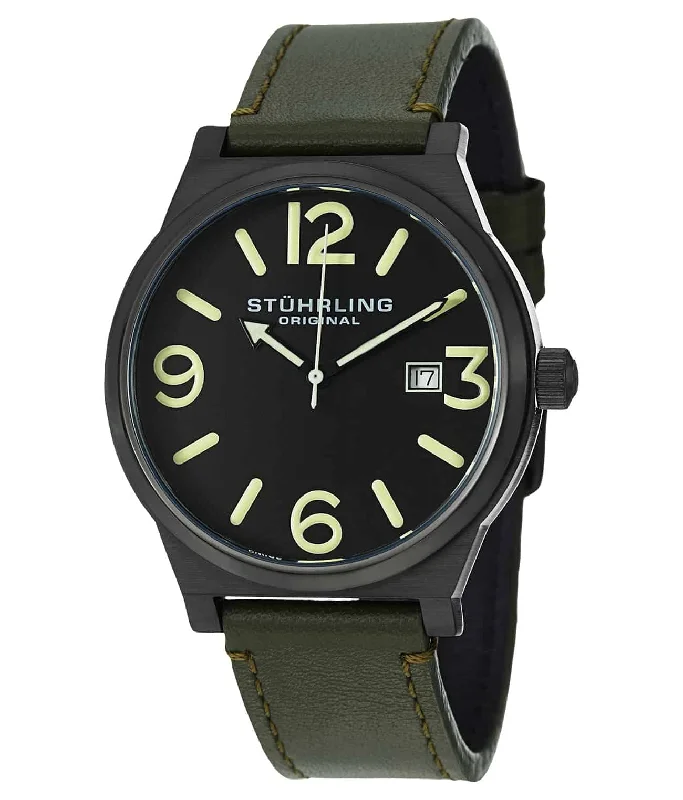 Black Dial / Black PVD Case / Green Leather Strap Black PVD Tang Buckle