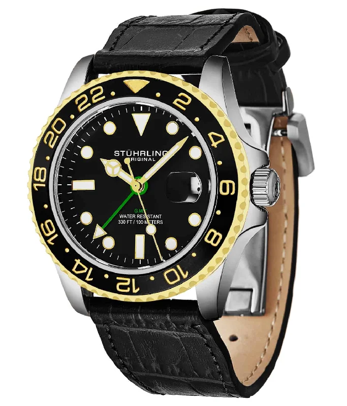 Black Dial / Silver Case / Black Bezel / Black Leather Band / Deployant Buckle