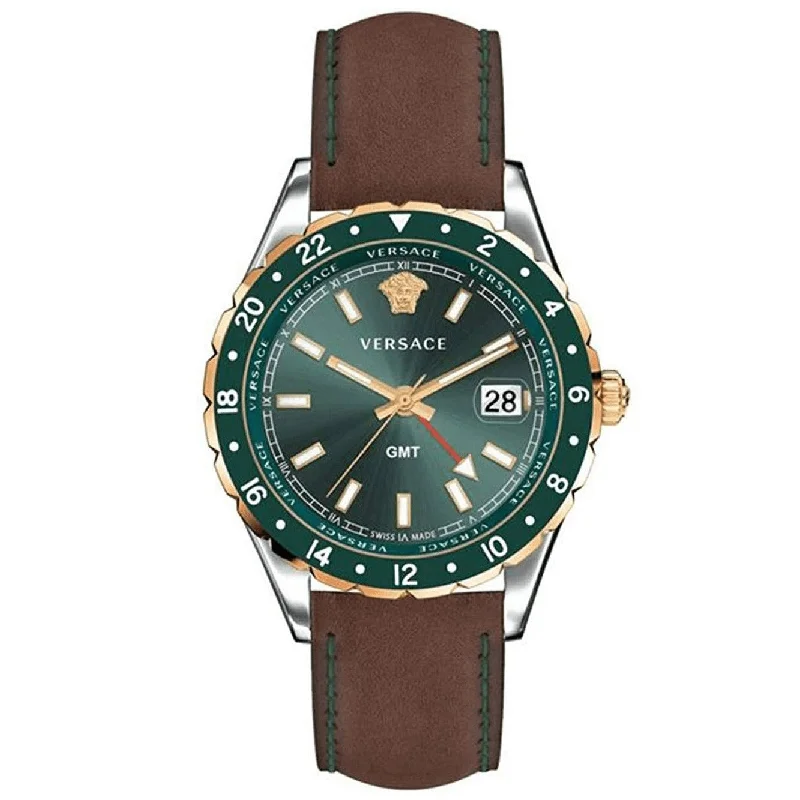 Men's Mechanical Swiss Watches-Versace Men's Watch Hellenyium GMT Green Leather V11090017