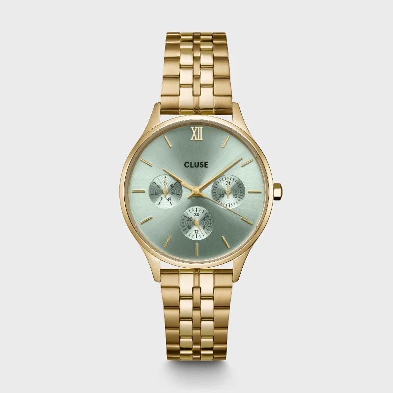 Women's Occasional Style Mechanical Watches-Minuit Multifunction Watch Steel, Sage Green, Gold Colour Women's Occasional Style Mechanical Watches-Minuit Multifunction Watch Steel, Sage Green, Gold Colour