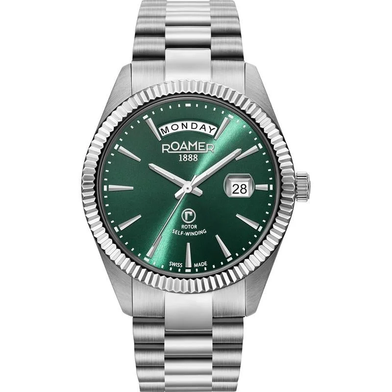 Men's Personalized Dress Watches-Roamer Men's Green Primeline Daydate Mechanical Watch 981662 41 75 90