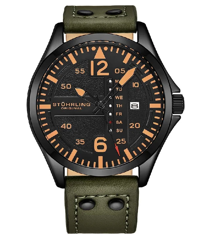 Black Dial/Black Case/Green Leather Strap Black