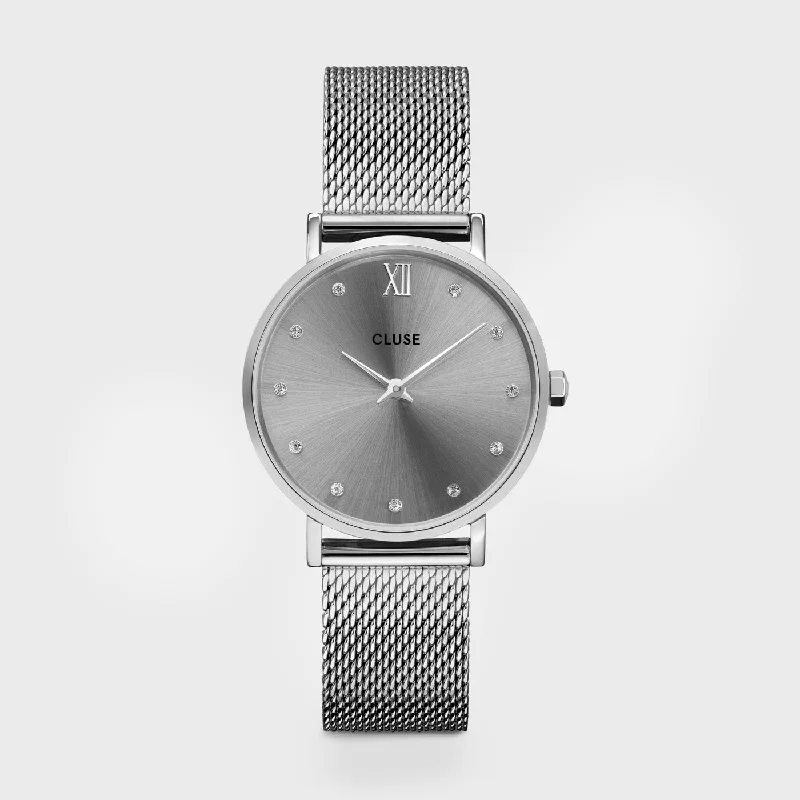 Women's Round Case Design Mechanical Watches-Minuit Watch Mesh Crystals, Grey, Silver Colour