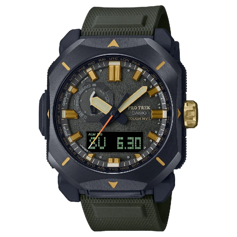 Men's Radio Controlled Watch Personalized-Casio Pro Trek PRW-6900Y-3ER in acciaio e resina ecologica verde