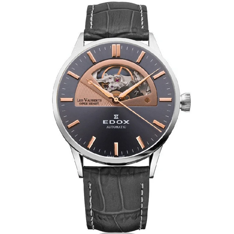 Men's Swiss Solar Powered Edition-Edox Men's Automatic Watch Les Vauberts Open Heart Rose Gold 43mm 850143GIR