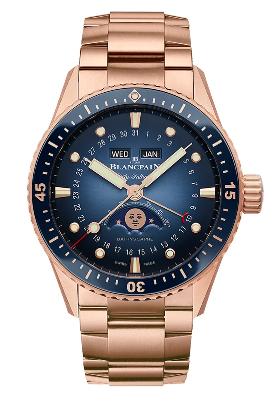 Men's High-End Design Dress Watches-Blancpain Fifty Fathoms Bathyscaphe Complete Calendar Red Gold 5054 3640 76S